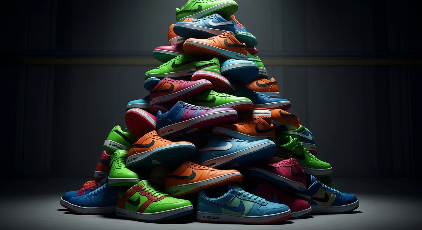 Close-up of stacked colorful sneakers symbolizing market growth.
