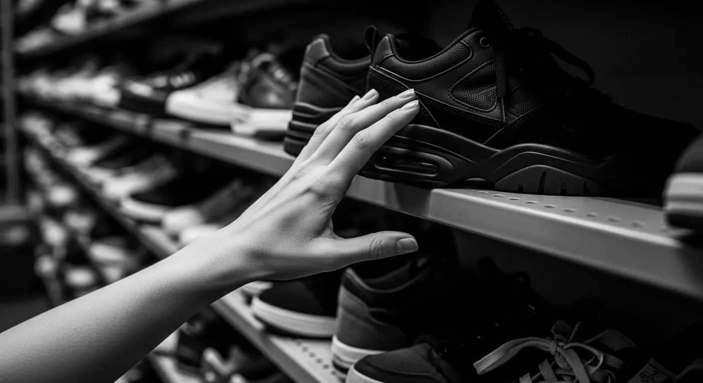 A woman's hand reaching for a sneaker on a high shelf, symbolizing the struggle against exclusion.