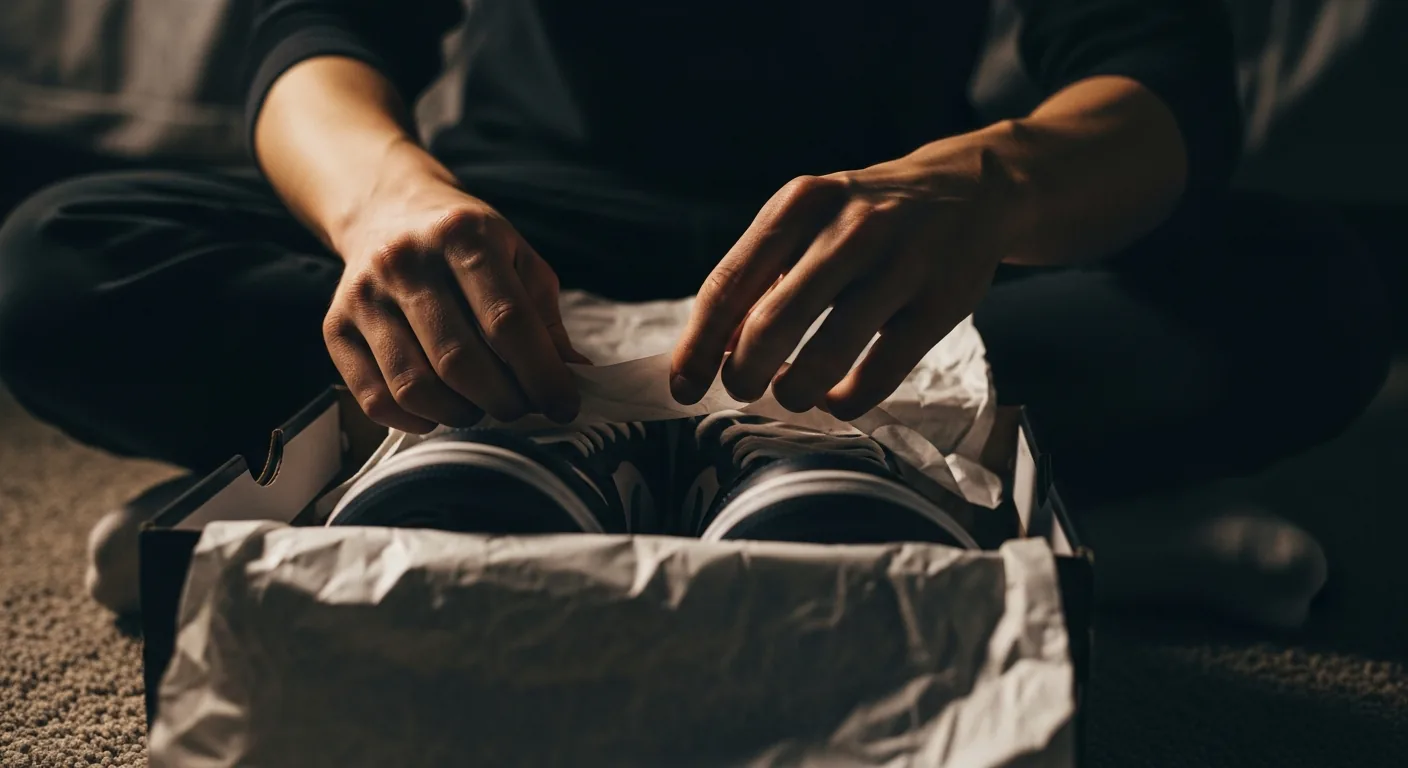 Hands unboxing limited edition sneakers on a bedroom floor, with some room elements visible.