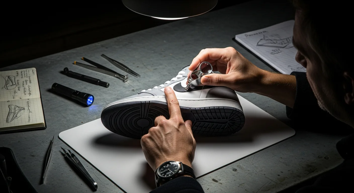 Hands examining a sneaker against red flag symbols in a tense spotlight.