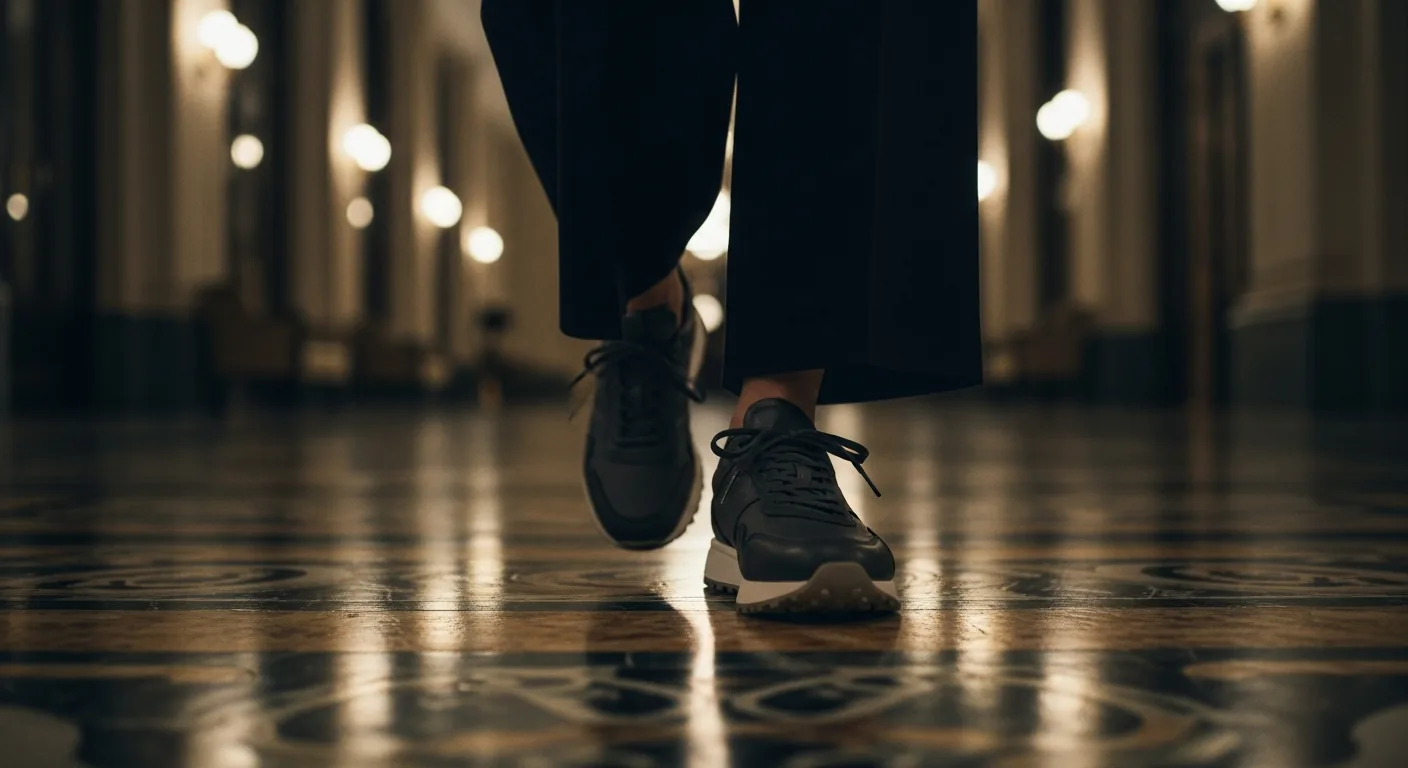 A woman wearing stylish sneakers walking through a luxurious space, captured from a low angle.