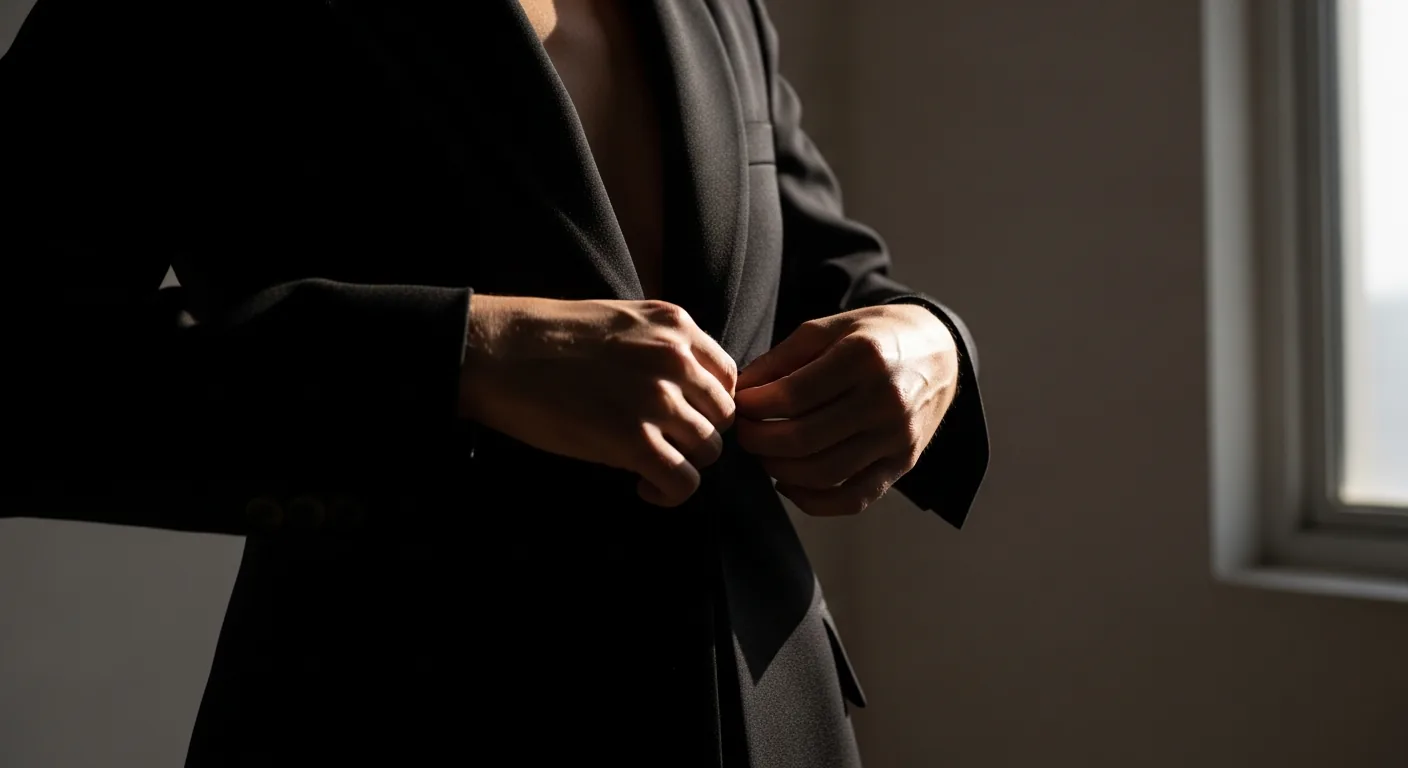 Silhouette of a person adjusting clothes in a studio setting, dramatic light.