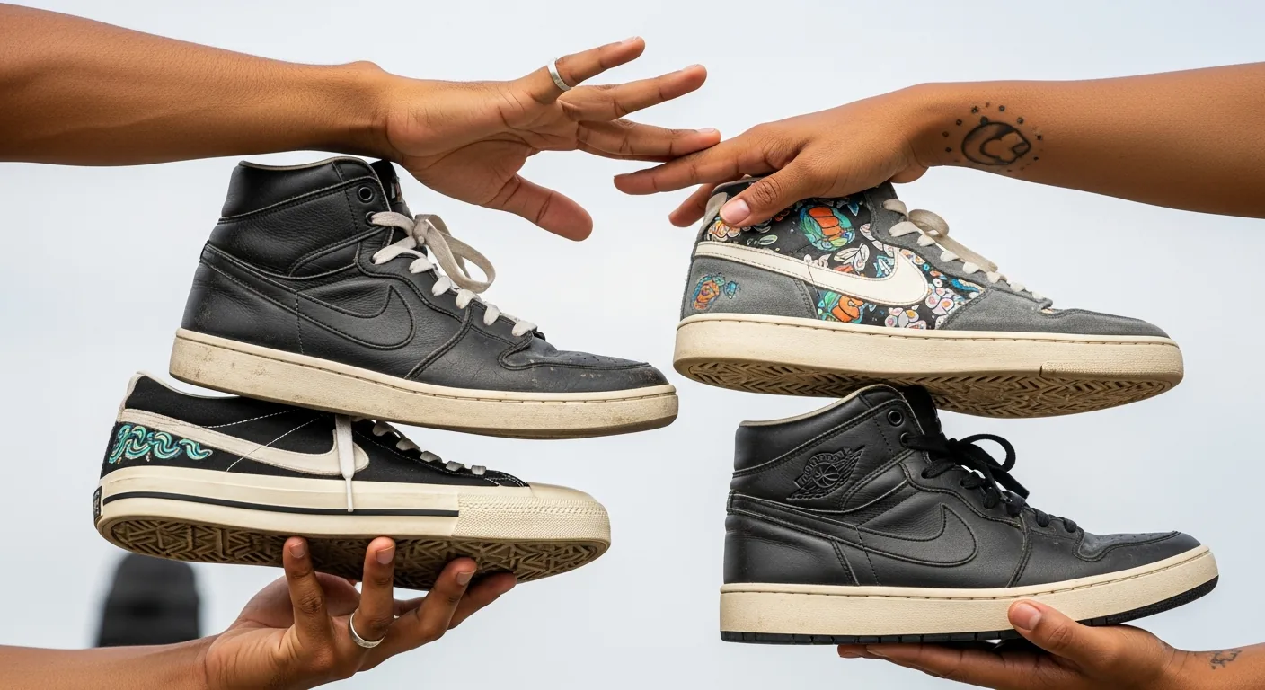 Hands of people exchanging sneakers at a swap meet.