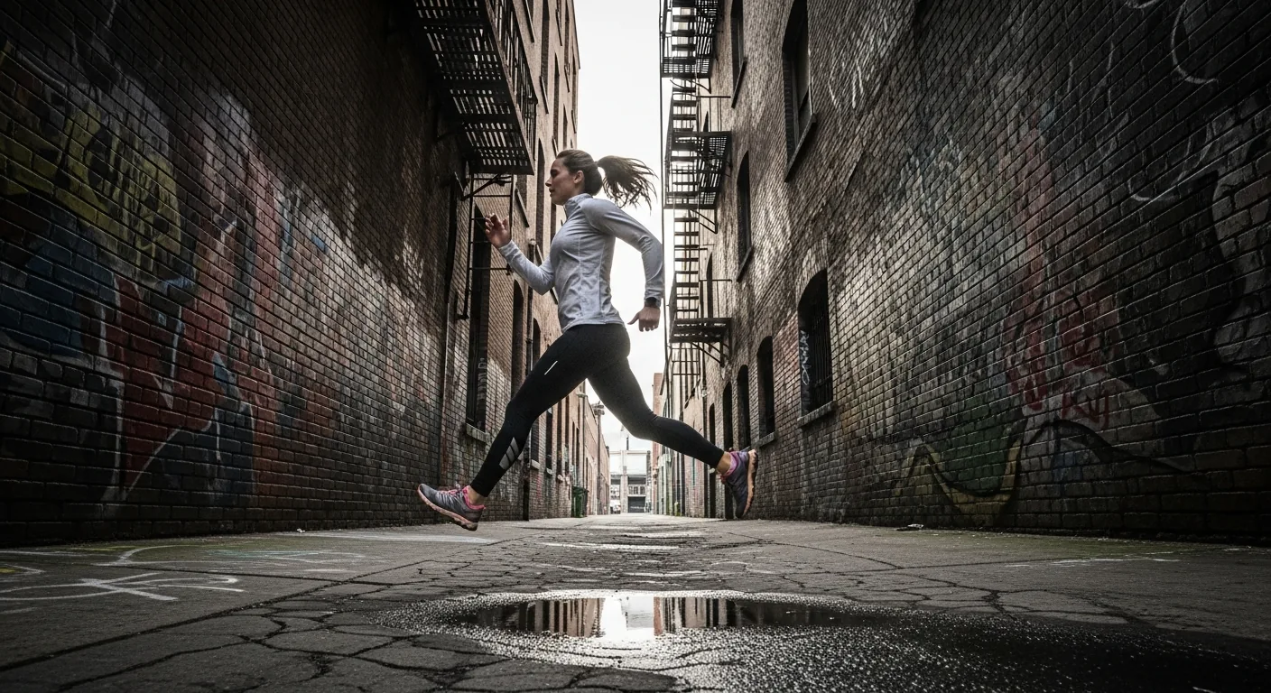 Woman in trail shoes running through an urban alleyway, showcasing movement.