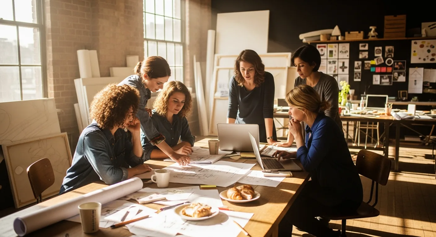 Women collaborating over design sketches in a studio, symbolizing grassroots network building.