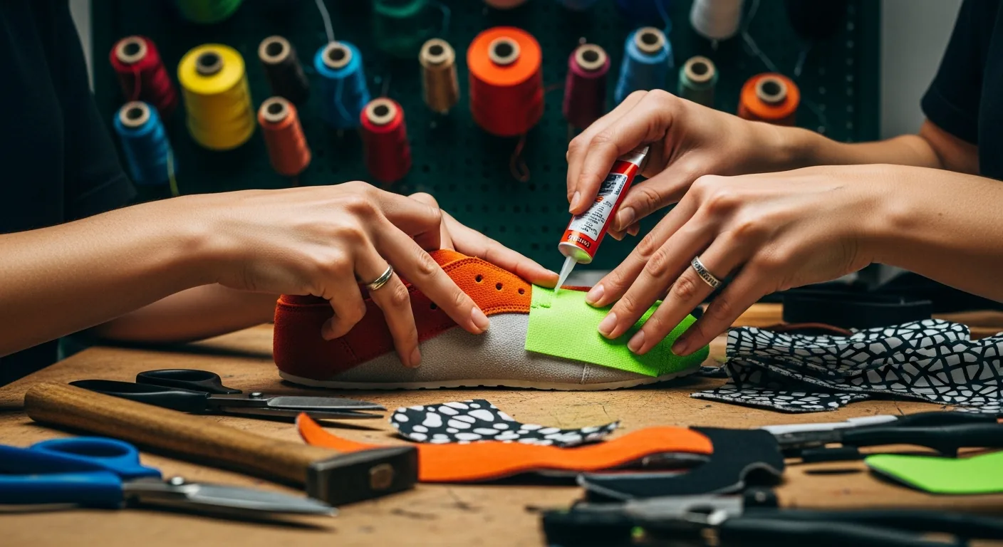 Close-up of women's hands working together creatively in a sneaker workshop.
