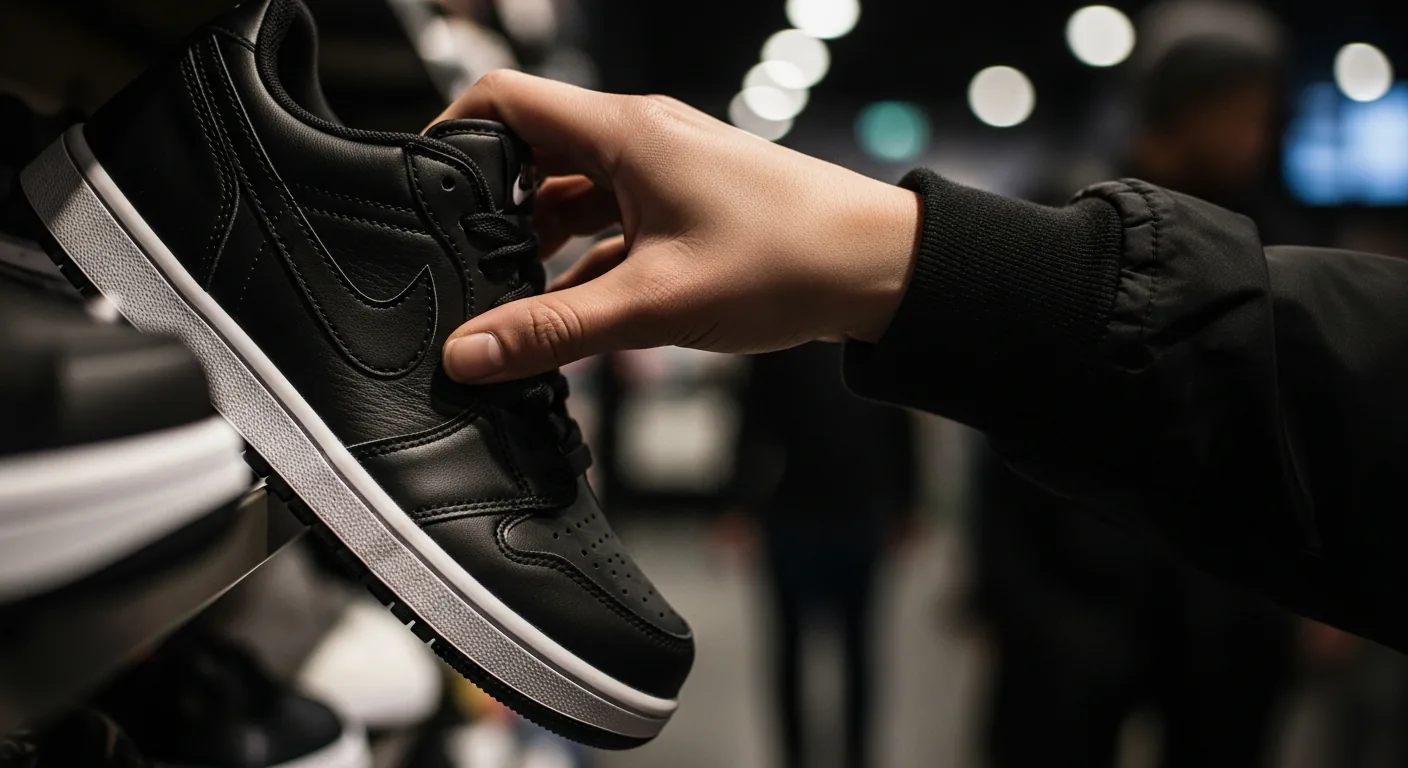 Close-up of a woman's hand choosing a sneaker with dramatic lighting.