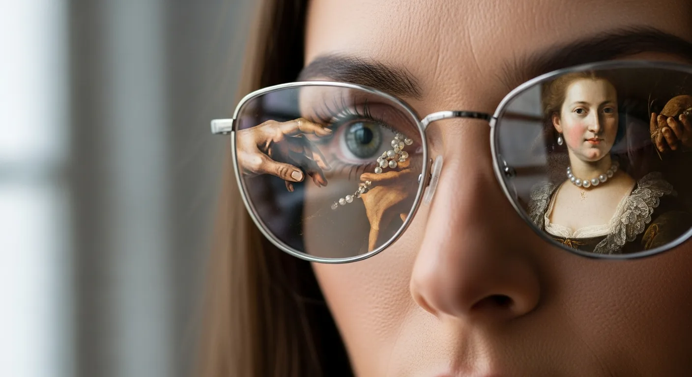 Close-up of a woman's focused eyes reflecting art pieces