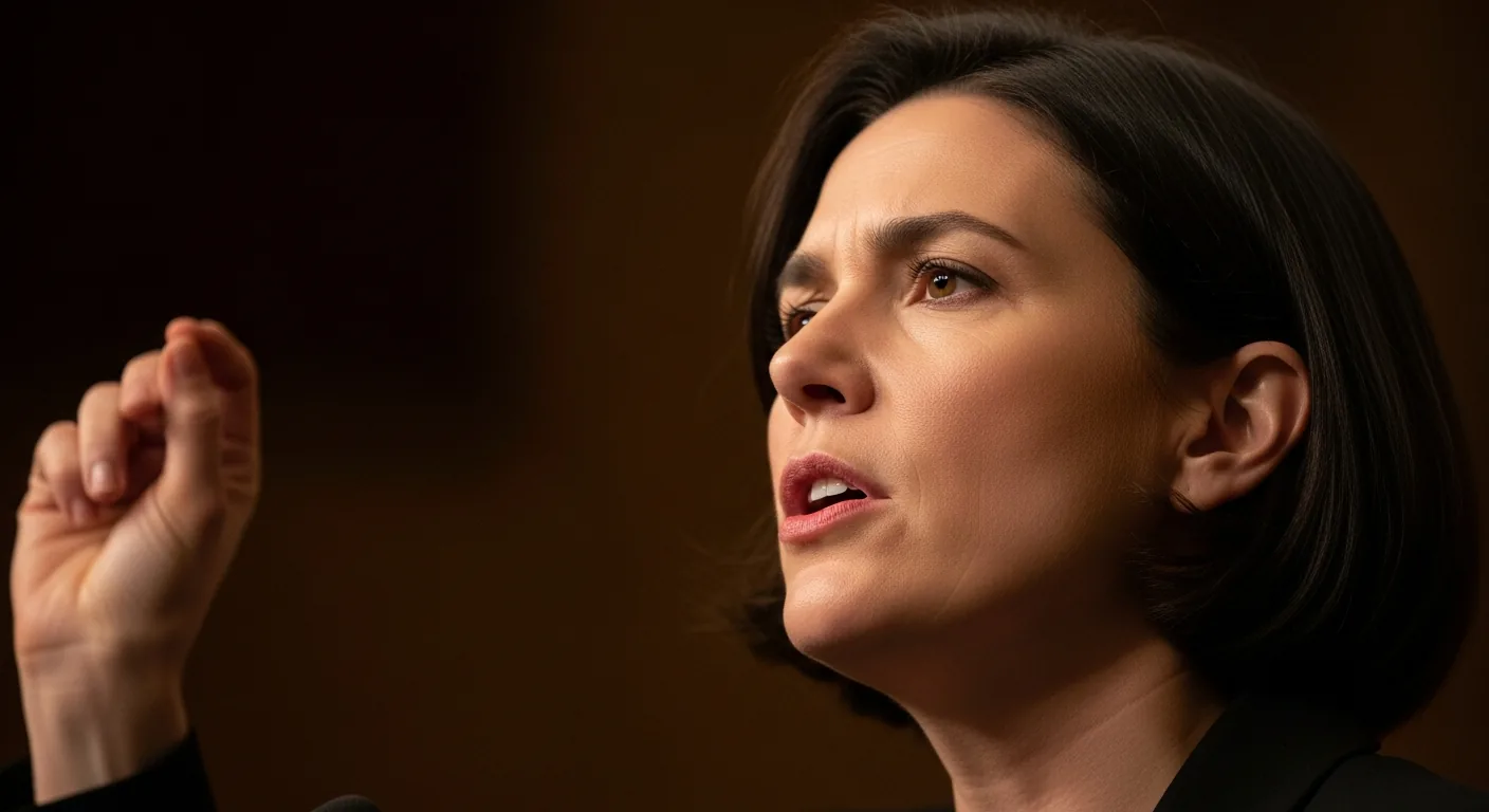 Side profile of woman speaking passionately in dim light.