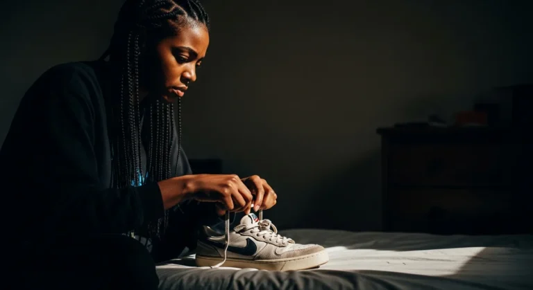 Side-angle shot of focused woman lacing sneakers, symbolizing historical presence in sneaker culture.