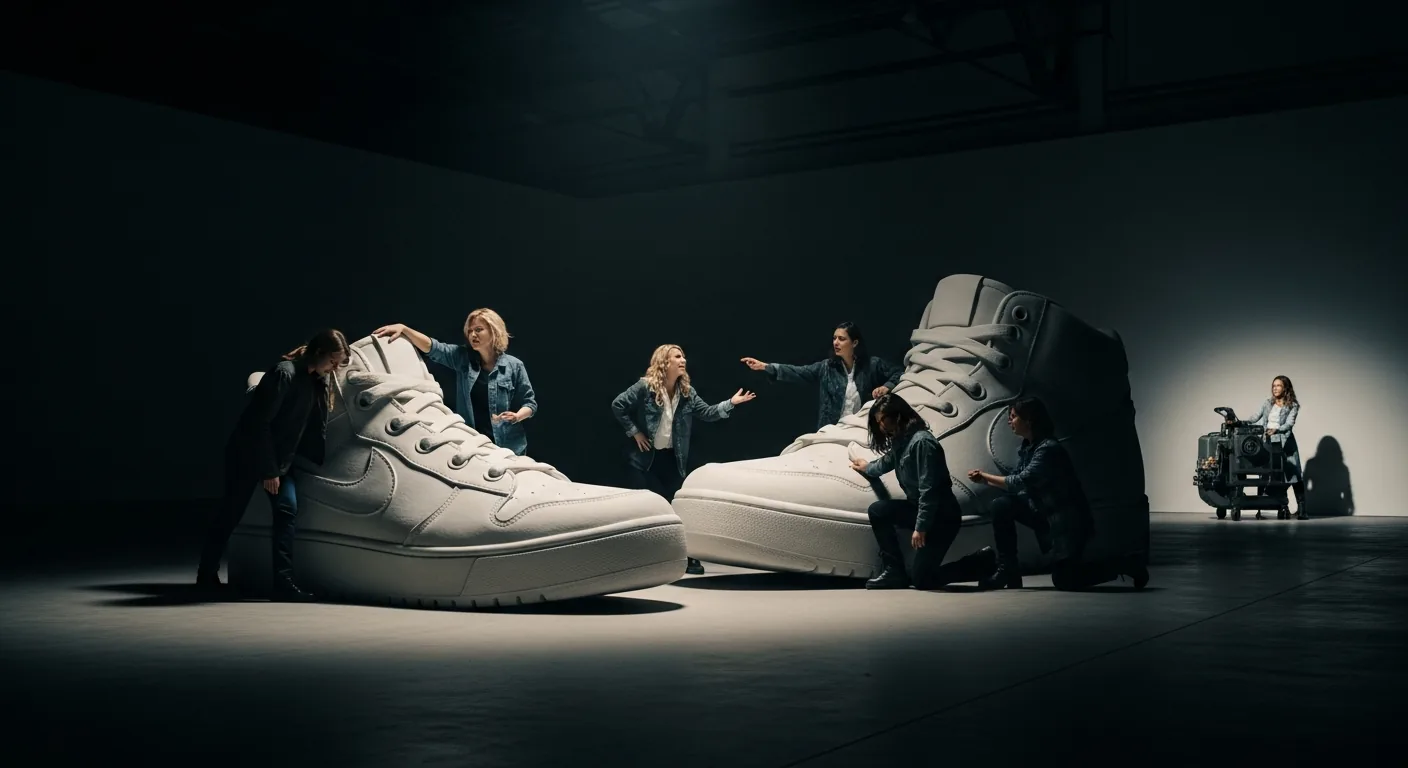 Women engaging around large sneaker designs in an industrial space.