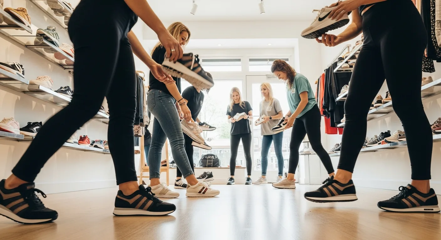 Women dynamically trying on sneakers in a boutique.
