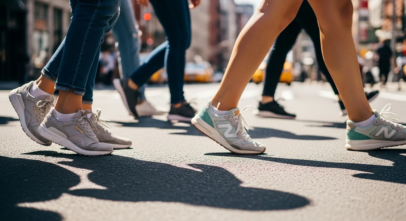 Close-up of women's feet wearing various sneakers on a busy street, captured in motion.
