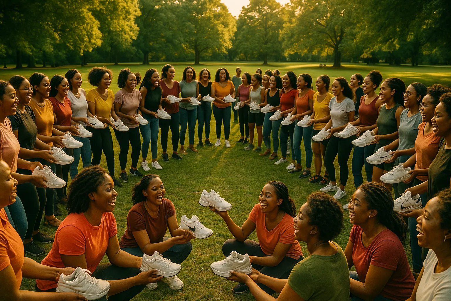A wide shot of thirty women standing in a circle in a park, engaged in conversation and passing sneakers around.