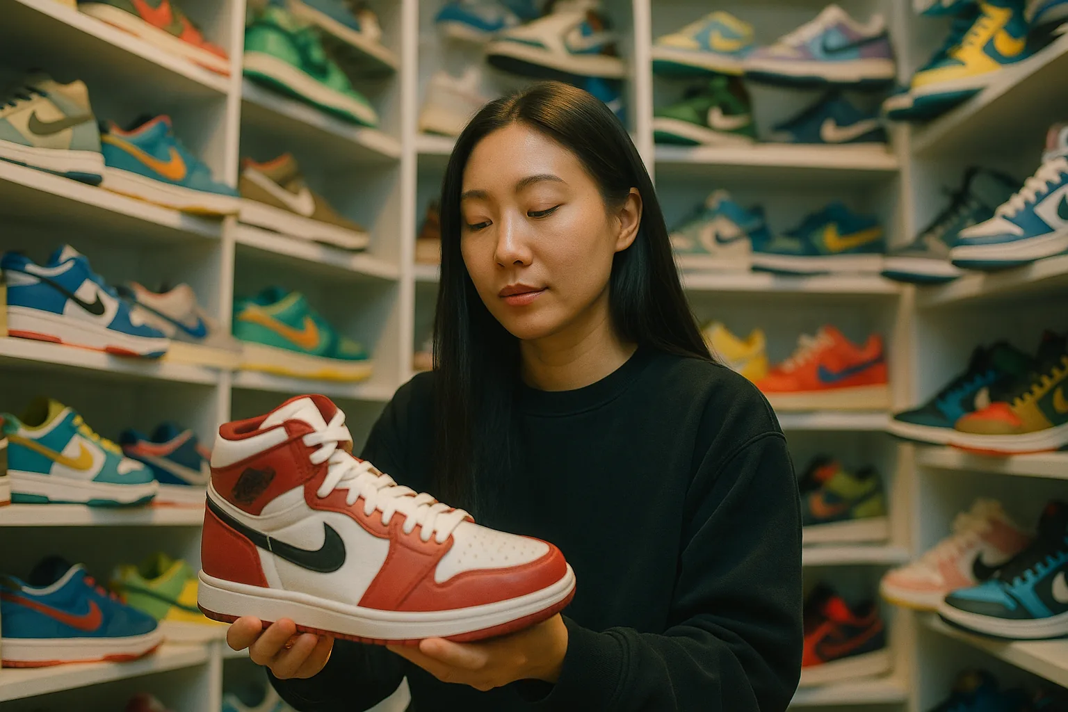 A low-angle medium shot of Charlotte Lee surrounded by her sneaker collection, looking at a colorful pair of shoes.