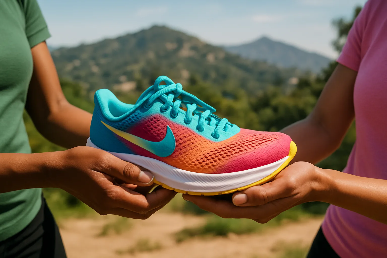 Close-up high-angle shot of hands exchanging sneakers during a meetup, with a blurred park setting in the background.