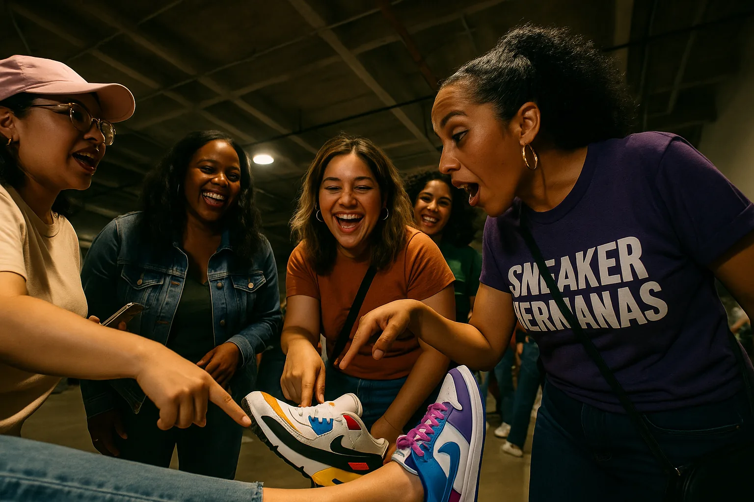 Wide shot with a dutch tilt of women talking and looking at sneakers at a Sneaker Hermanas meetup in Houston.