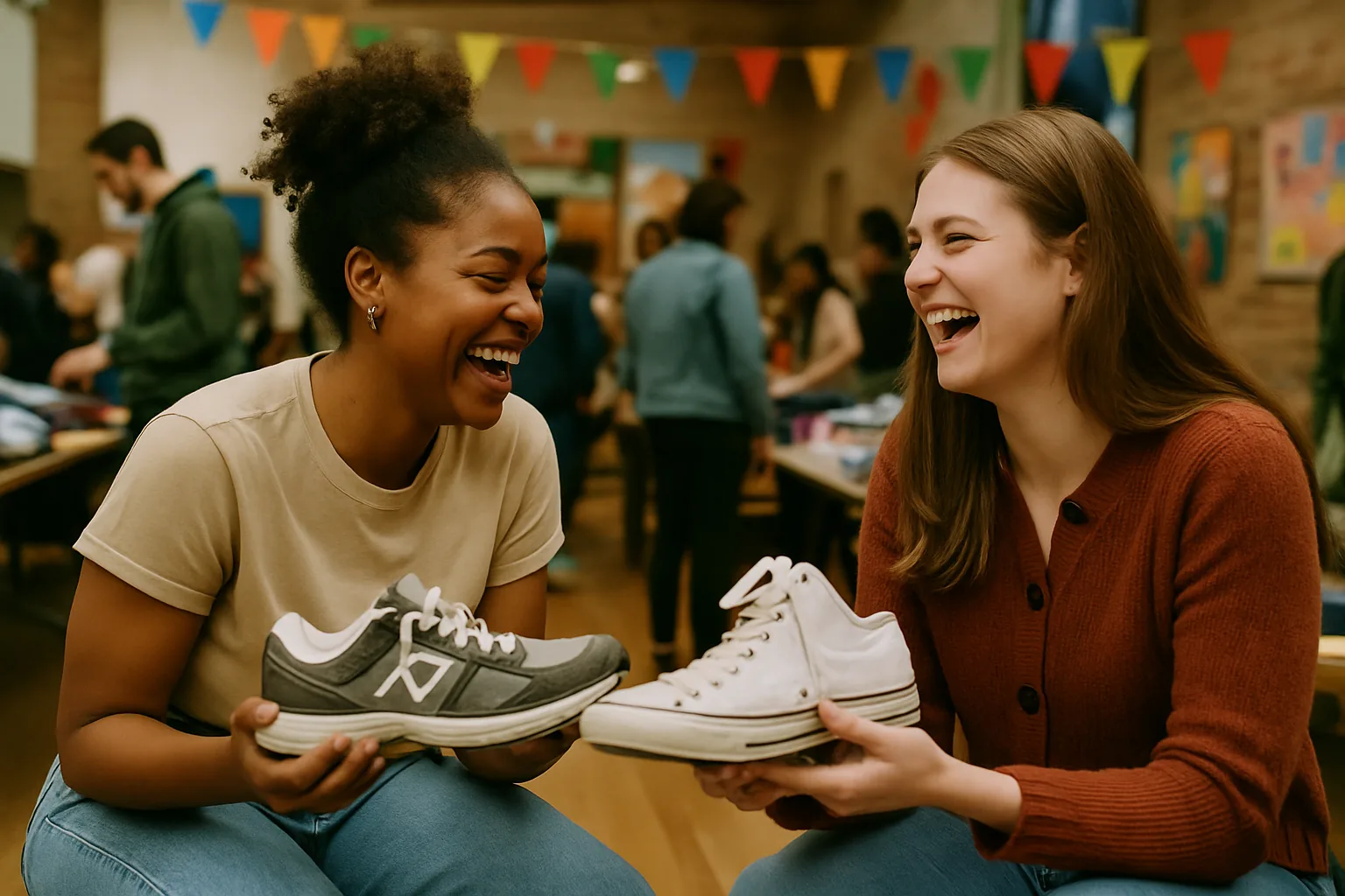 Two women laughing and exchanging sneakers in a community space during a sneaker swap.