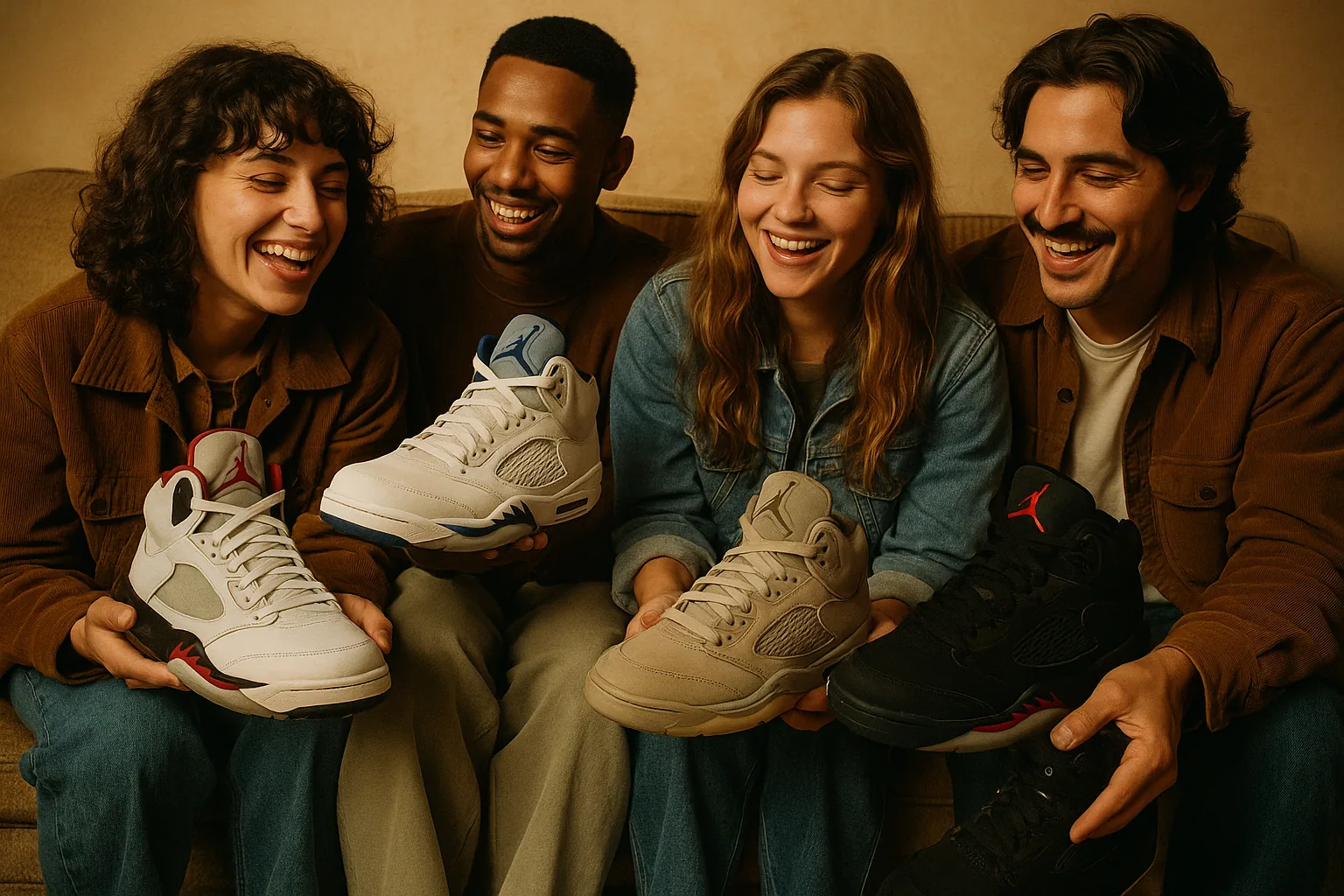 A group of friends sitting with various editions of Air Jordan 5 sneakers, engaged in conversation.