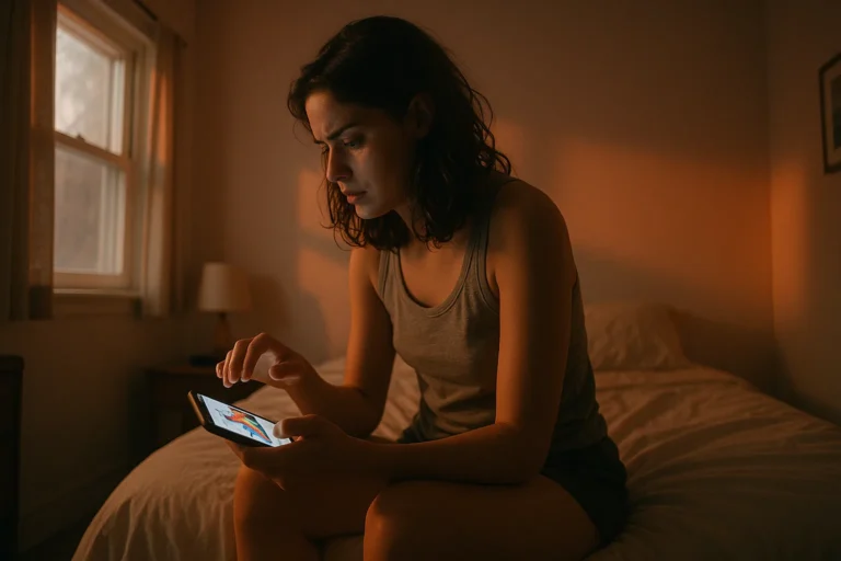 A young woman sits on her bed, focused on her phone screen in a softly lit room. The SNKRS app and sneaker are visible.