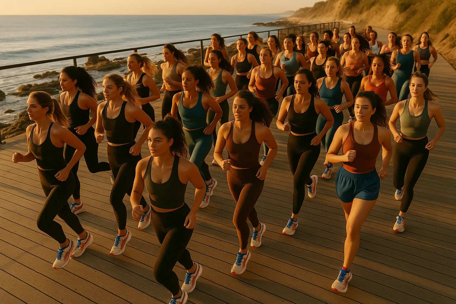 Overhead view of women jogging in unison on a boardwalk, wearing identical sneakers from a footwear collaboration.
