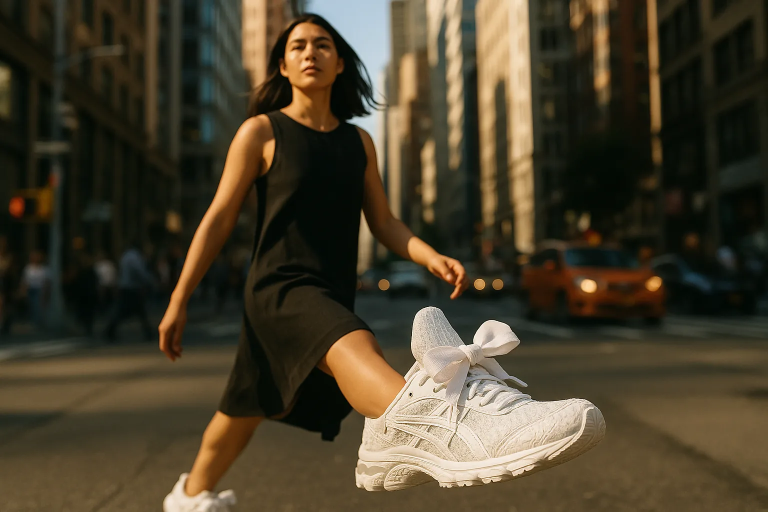 A woman in city streets, focusing on her shoes with bows, highlighting the Cecilie Bahnsen x ASICS design.
