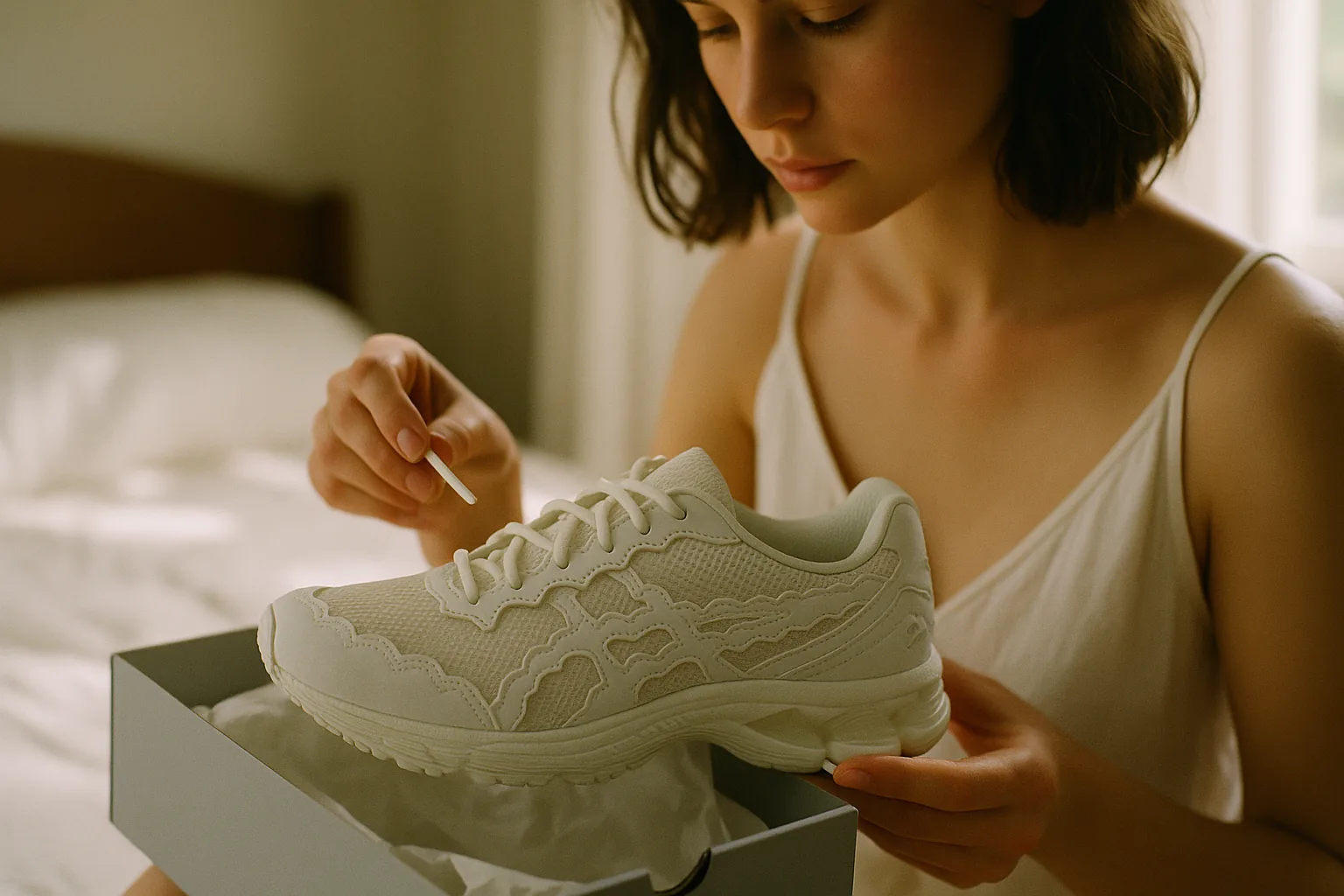 A woman sits on the edge of a bed, pulling a pearl white Cecilie Bahnsen x ASICS Gel-Kinetic FR shoe from its box, in diffused morning light.