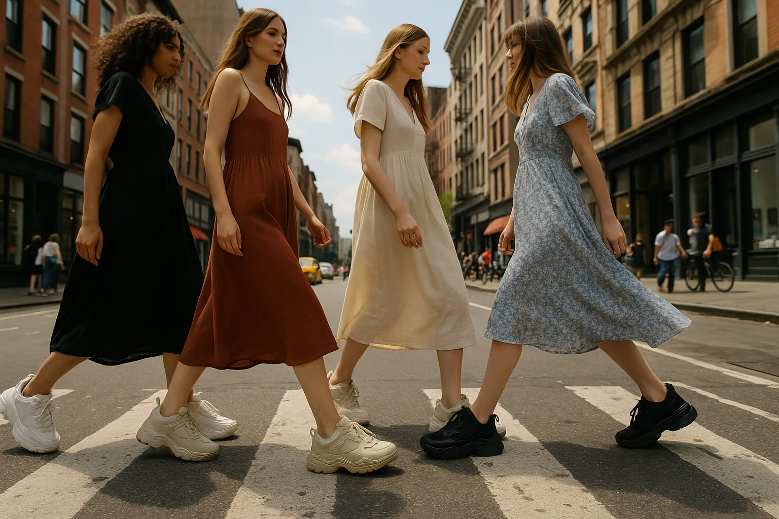 Wide shot of a group of women walking on a city street, wearing chunky sneakers with flowy dresses, surrounded by urban activity.