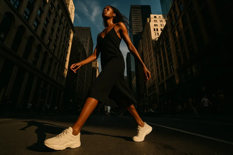 A woman walks down a busy city street wearing ballet-coded sneakers with layers, shot in dramatic lighting from a low angle.