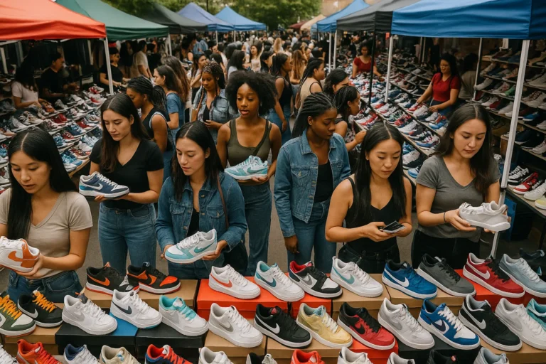 A busy sneaker marketplace with numerous women browsing sneakers at various vendor stalls.