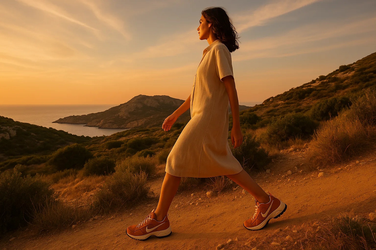 A person walking on a Mediterranean trail wearing Jacquemus x Nike Air Humara sneakers. Rugged landscape in the background.