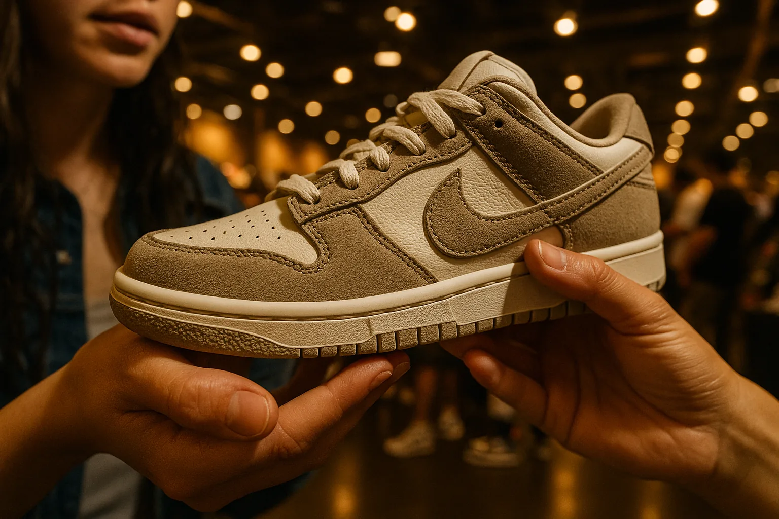 Close-up of sneakers being exchanged between two women's hands in a meetup setting.