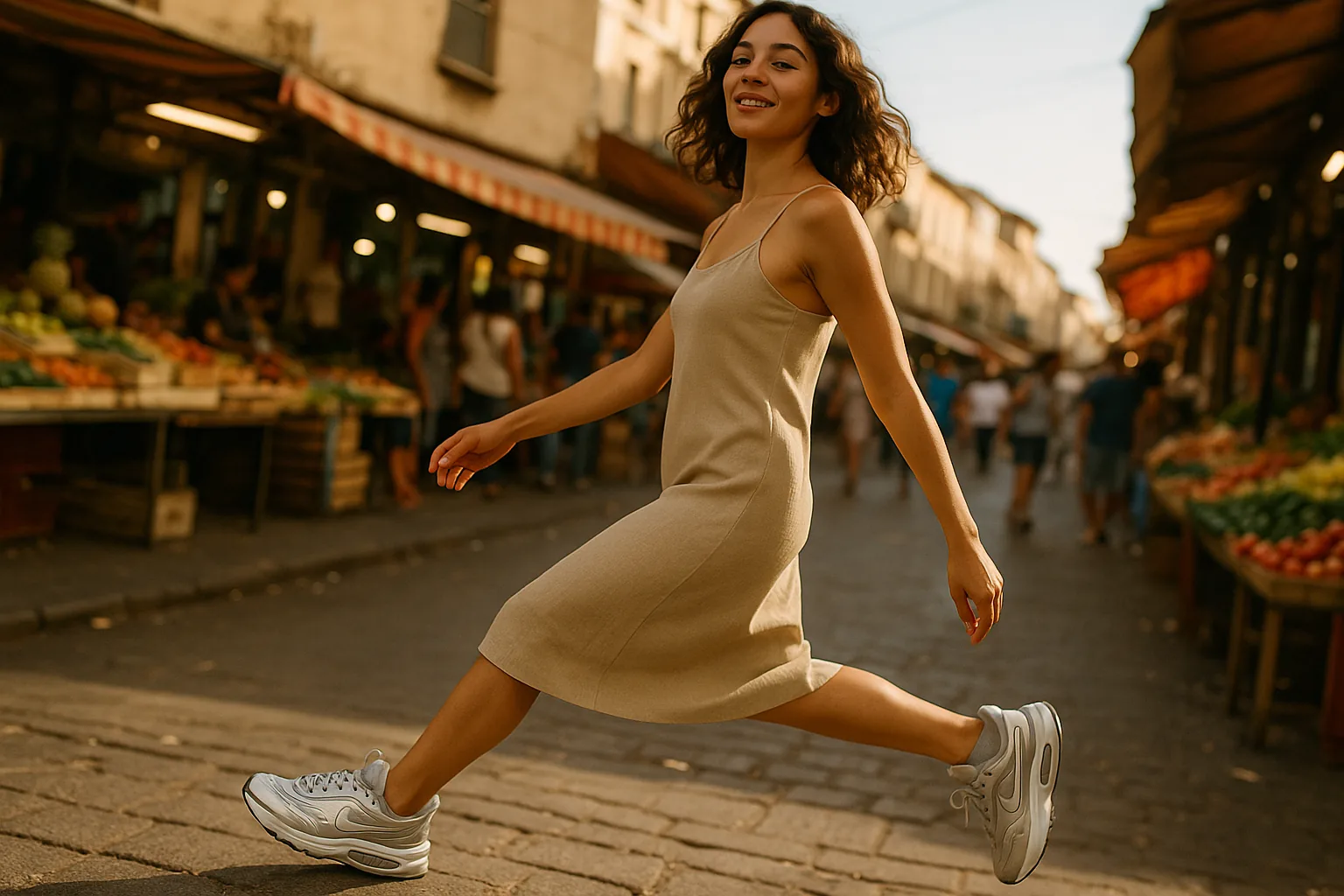 A woman navigating a busy marketplace wearing metallic silver Nike Air Max Dolce sneakers, captured at an eye-level dutch tilt.