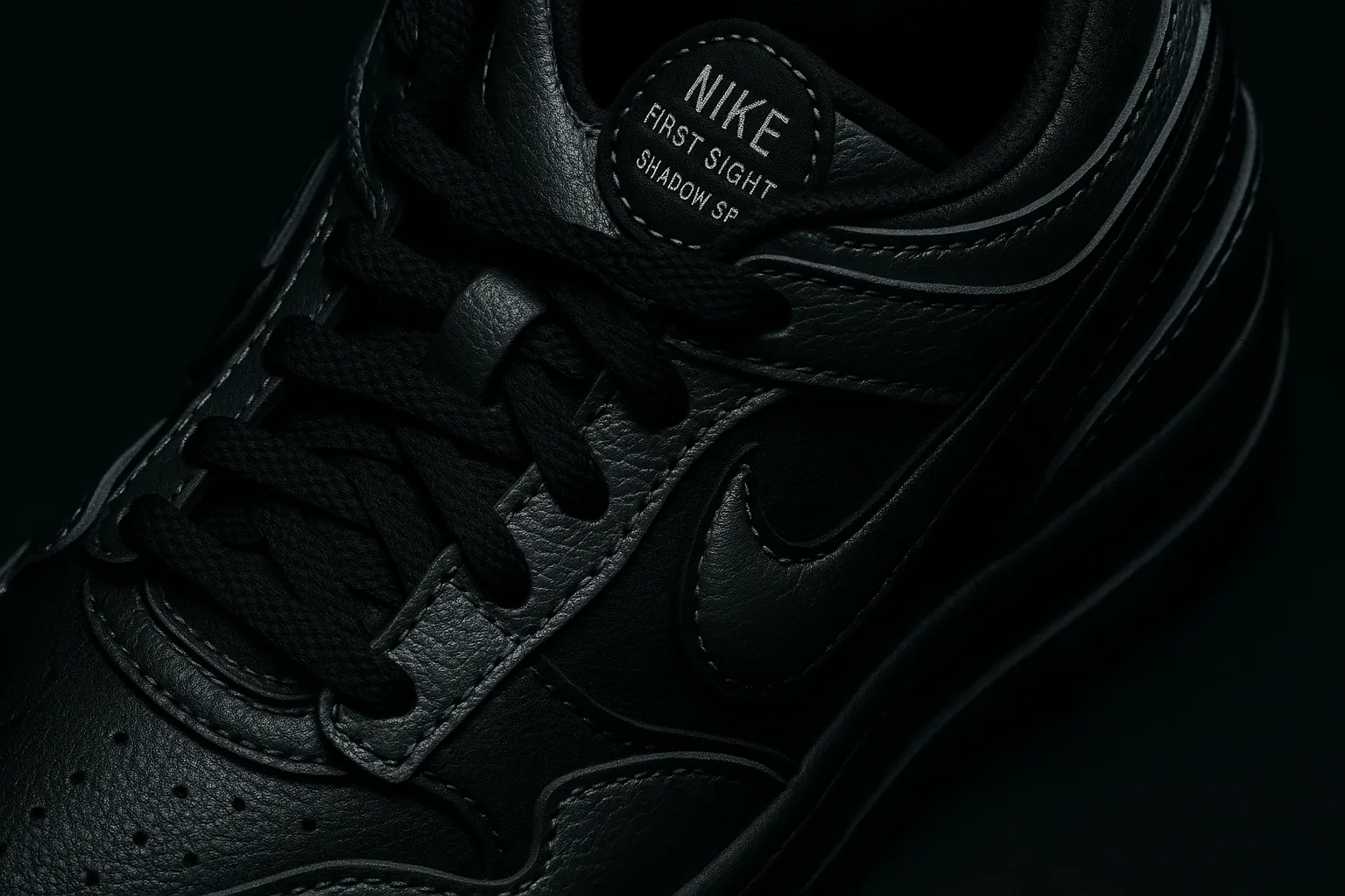 Close-up of a Nike Women's First Sight Shadow SP sneaker showing its layered silhouette in metallic silver and black.