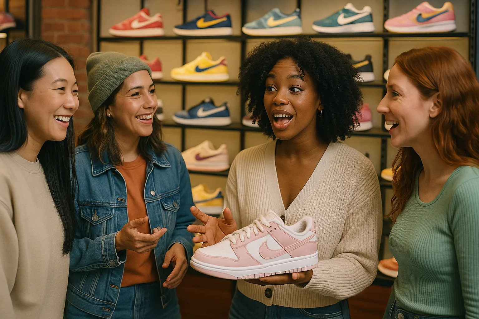A group of diverse women engaged in conversation inside a sneaker shop, examining Nike sneakers with vibrant displays around them.
