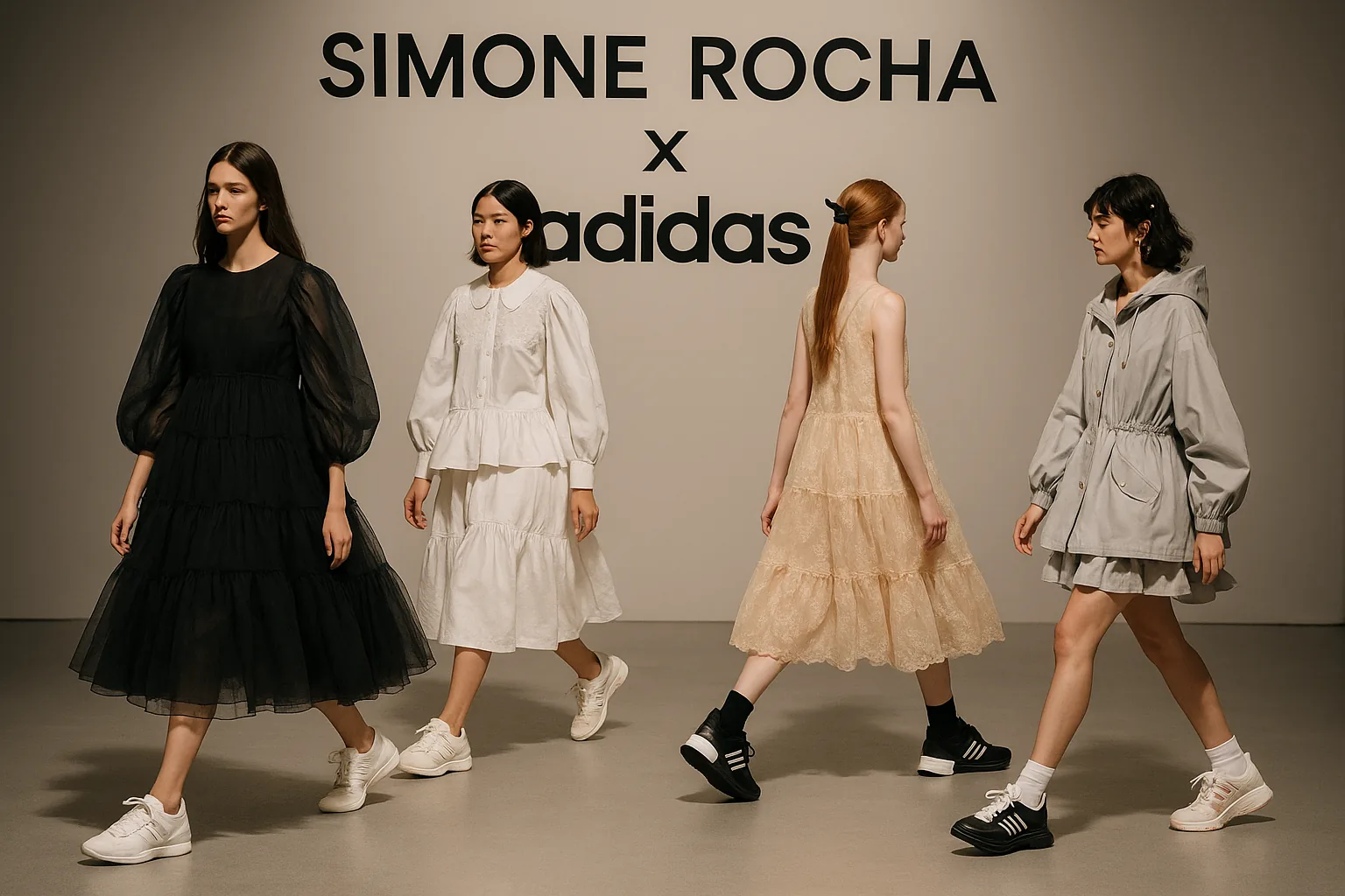 Models on a runway wearing Simone Rocha x adidas sneakers, showcasing diverse designs in elegant lighting.