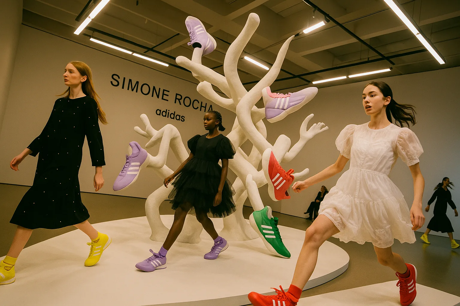 Models on a fashion runway display Simone Rocha's adidas collaboration, featuring vibrant sneakers.