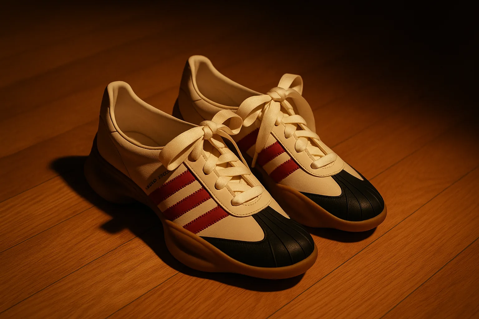 High angle shot of a pair of Simone Rocha x Adidas Taekwondo Ballerina shoes on a hardwood floor, highlighted by studio lighting.