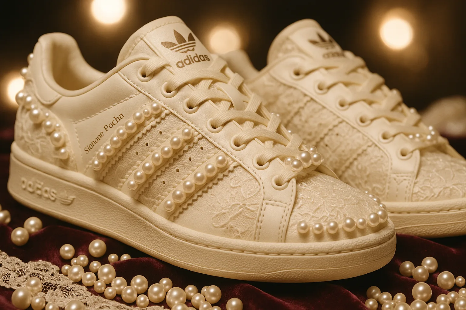 Close-up of Simone Rocha x adidas shoes with pearl details, set on lace and surrounded by velvet fabric.