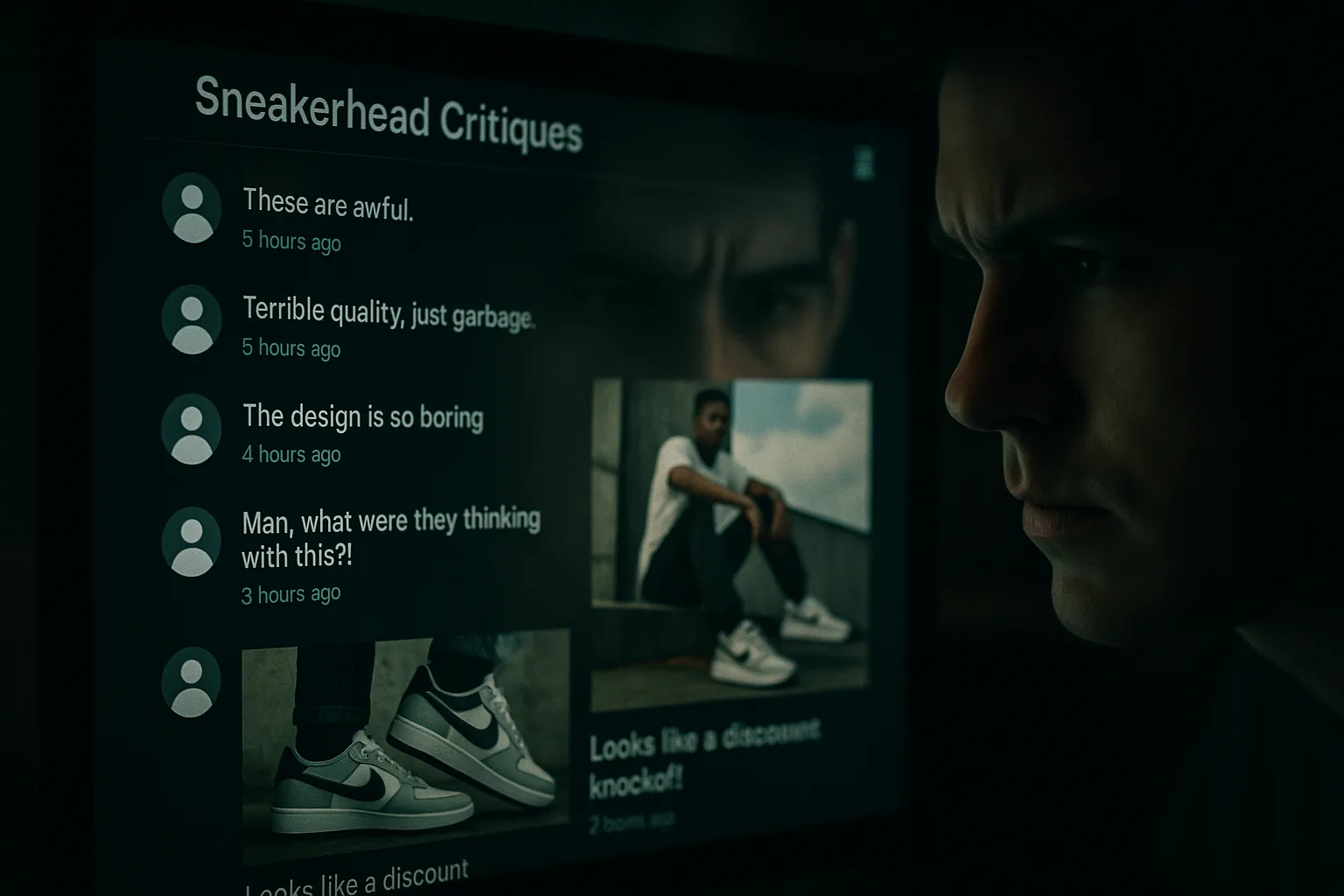 A computer screen shows a social media thread discussing sneakers, with user reflections visible on the screen.