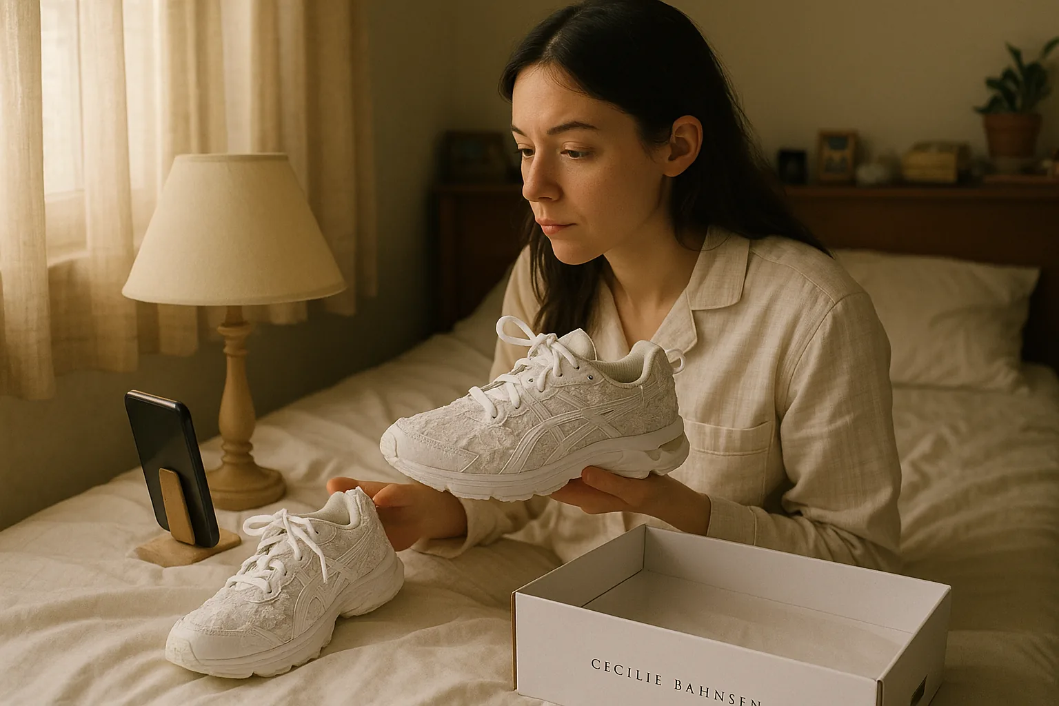 A woman sitting on her bed, in pajamas, holding a sneaker with her phone propped against a lamp. The room is softly lit.