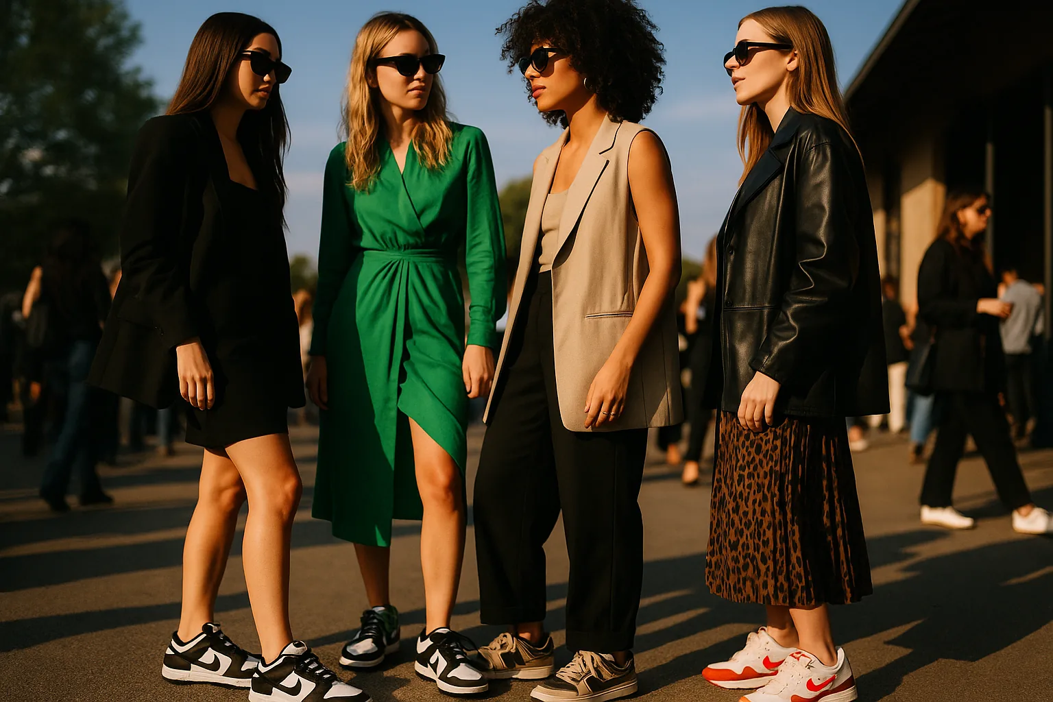 Women displaying unique sneaker outfits at an outdoor fashion event, shot at a tilted angle.
