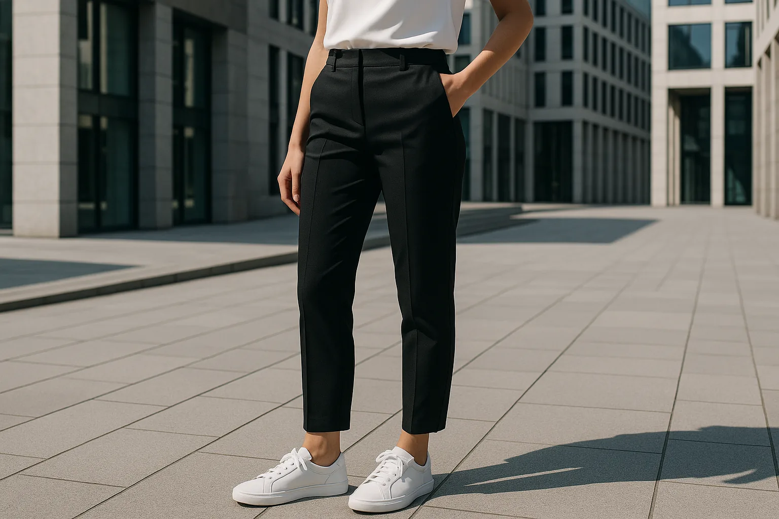 A high-angle medium shot of a woman in tapered tailored trousers and slim sneakers, standing on a city street with modern buildings in the background.