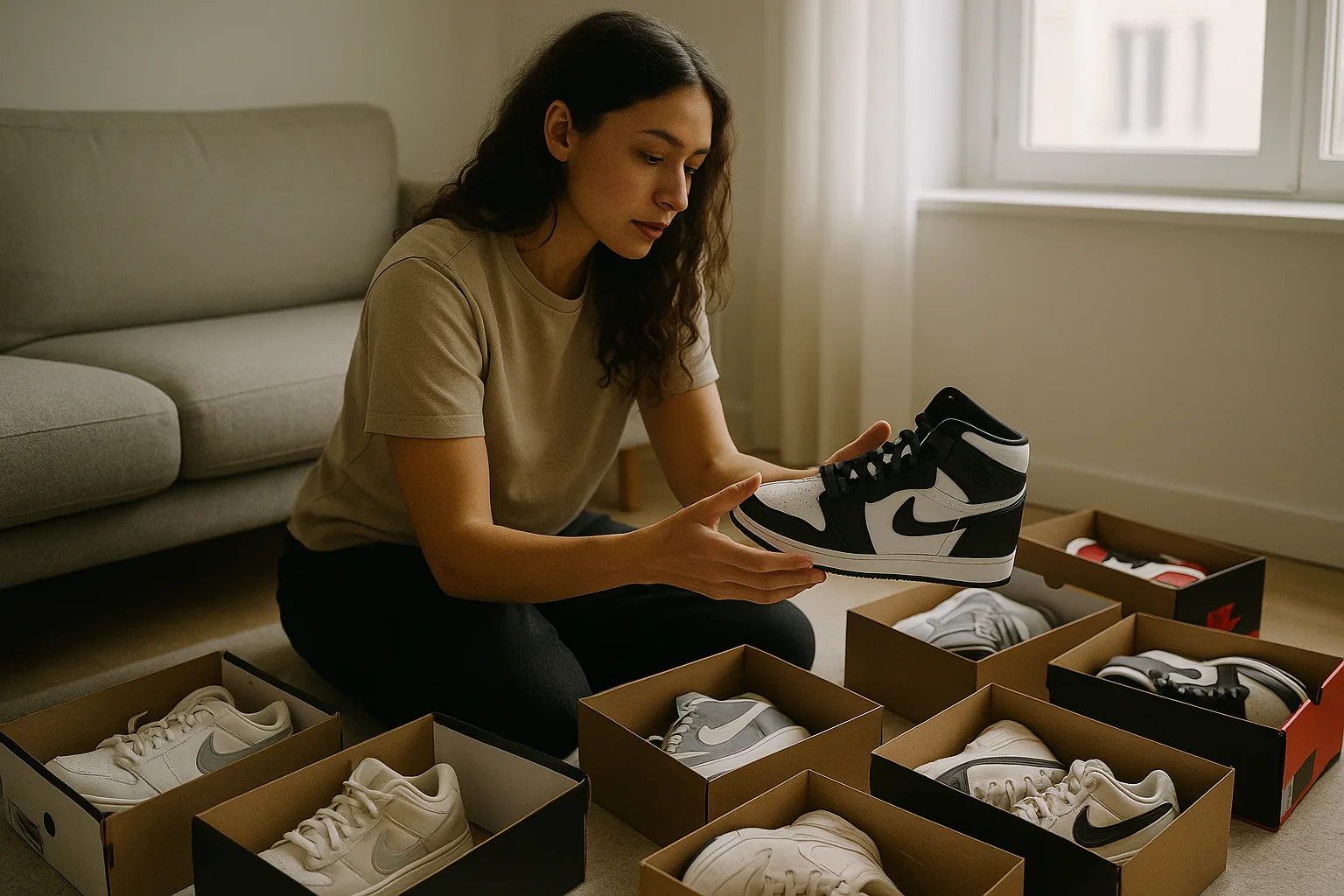 A woman surrounded by open sneaker boxes, kneeling and examining a sneaker in her living room.