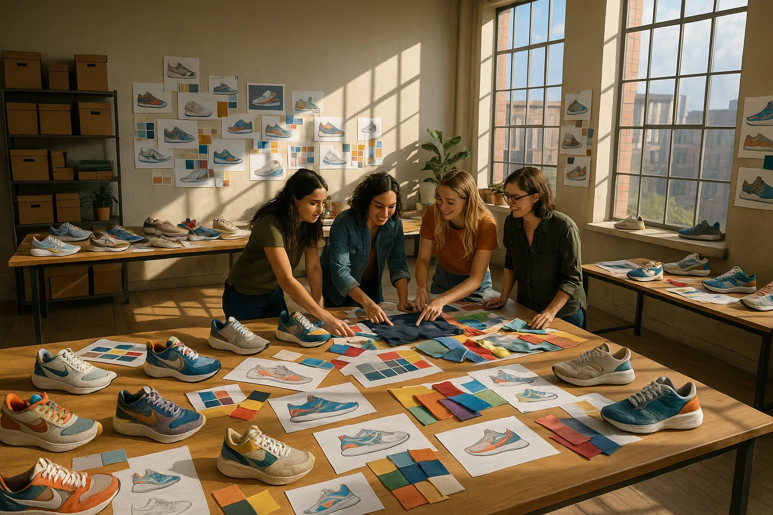 Interior of a design studio with women discussing prototypes and fabric swatches on a large table.