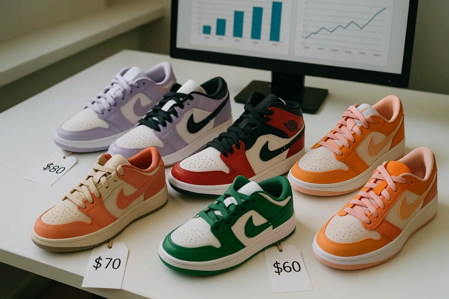 A collection of women's sneakers are arranged on a desk, with a computer displaying sales charts in the background.